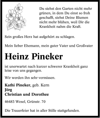 Traueranzeige von Heinz Pineker von Tageszeitung