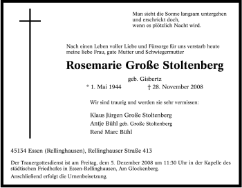 Traueranzeige von Rosemarie Große Stoltenberg von Tageszeitung