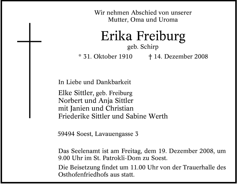  Traueranzeige für Erika Freiburg vom 16.12.2008 aus Tageszeitung