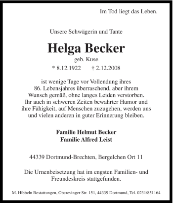 Traueranzeige von Helga Becker von Tageszeitung