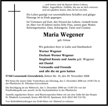 Traueranzeige von Maria Wegener von Tageszeitung