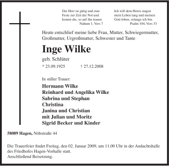 Traueranzeige von Inge Wilke von Tageszeitung