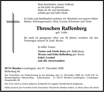 Traueranzeige von Threschen Raffenberg von Tageszeitung