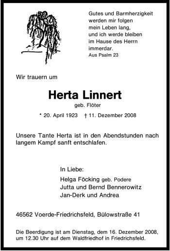 Traueranzeige von Herta Linnert von Tageszeitung