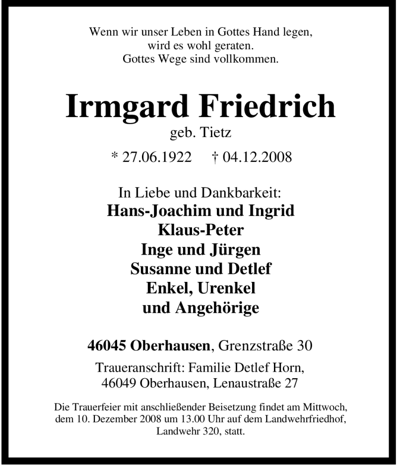  Traueranzeige für Irmgard Friedrich vom 06.12.2008 aus Tageszeitung