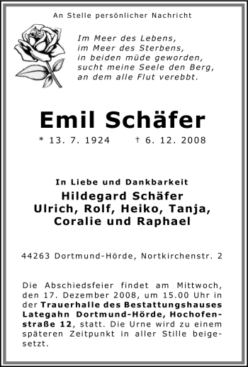 Traueranzeige von Emil Schäfer von Tageszeitung