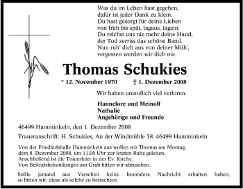 Traueranzeige von Thomas Schukies von Tageszeitung
