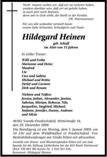 Traueranzeige von Hildegard Heinen von Tageszeitung