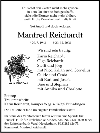Traueranzeige von Manfred Reichardt von Tageszeitung