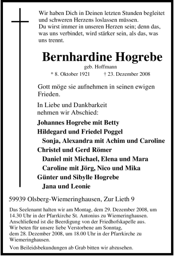 Traueranzeige von Bernhardine Hogrebe von Tageszeitung