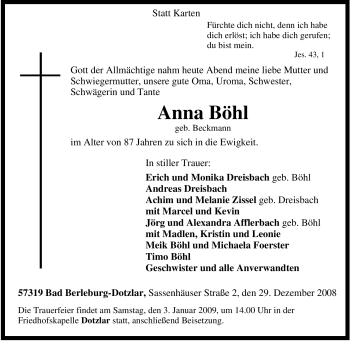 Traueranzeige von Anna Böhl von Tageszeitung