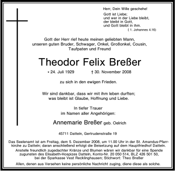 Traueranzeige von Theodor Felix Breßer von Tageszeitung