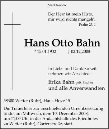 Traueranzeige von Hans Otto Bahn von Tageszeitung