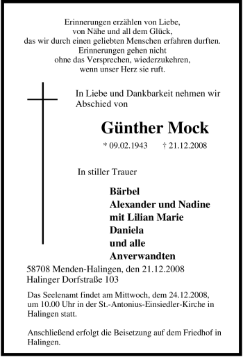Traueranzeige von Günther Mock von Tageszeitung