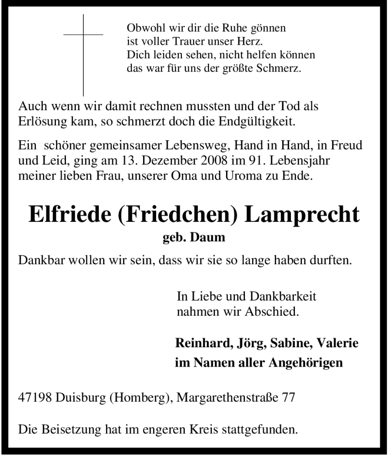  Traueranzeige für Elfriede (Friedchen) Lamprecht vom 30.12.2008 aus Tageszeitung