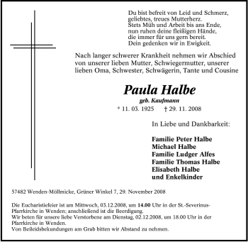 Traueranzeige von Paula Halbe von Tageszeitung
