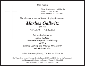 Traueranzeige von Marlies Gallwitz von Tageszeitung
