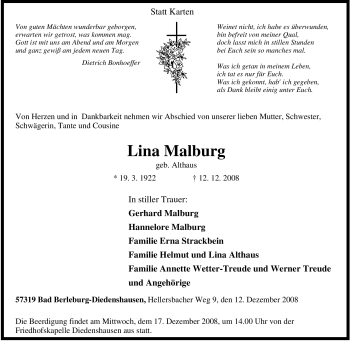 Traueranzeige von Lina Malburg von Tageszeitung