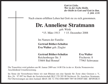 Traueranzeige von Anneliese Stratmann von Tageszeitung