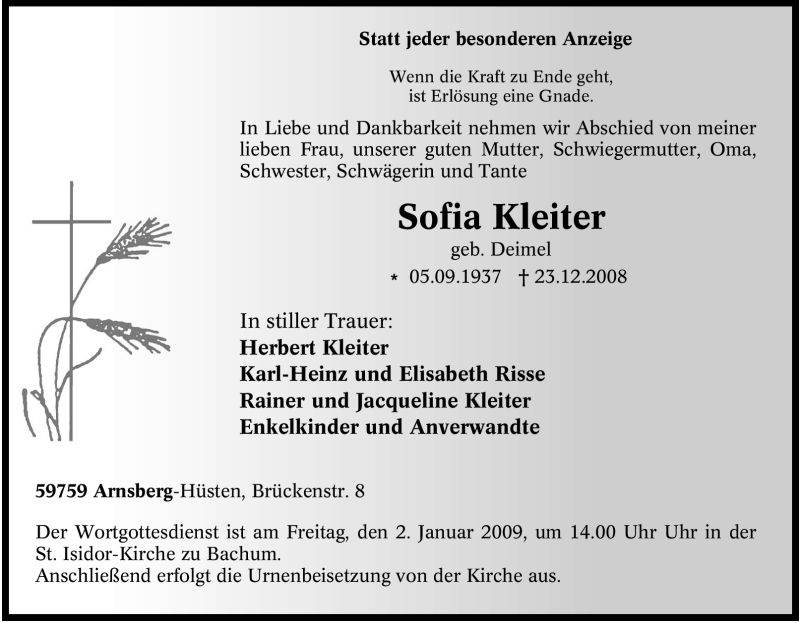  Traueranzeige für Sofia Kleiter vom 31.12.2008 aus Tageszeitung