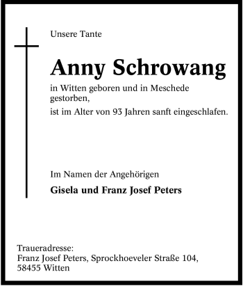 Traueranzeige von Anny Schrowang von Tageszeitung