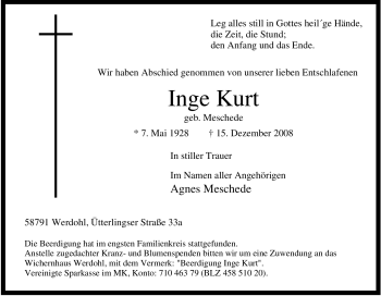 Traueranzeige von Inge Kurt von Tageszeitung