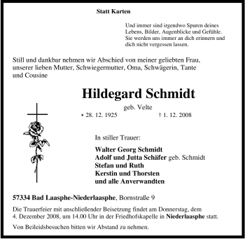 Traueranzeige von Hildegard Schmidt von Tageszeitung