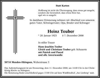Traueranzeige von Heinz Teuber von Tageszeitung