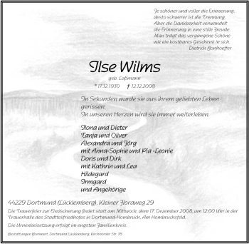 Traueranzeige von Ilse Wilms von Tageszeitung