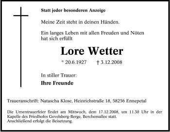 Traueranzeige von Lore Wetter von Tageszeitung