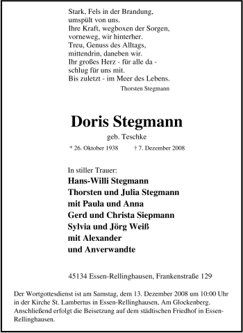 Traueranzeige von Doris Stegmann von Tageszeitung