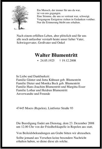 Traueranzeige von Walter Blumentritt von Tageszeitung
