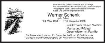 Traueranzeige von Werner Schenk von Tageszeitung