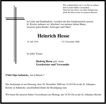 Traueranzeige von Heinrich Hesse von Tageszeitung