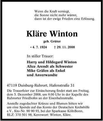 Traueranzeige von Kläre Winton von Tageszeitung