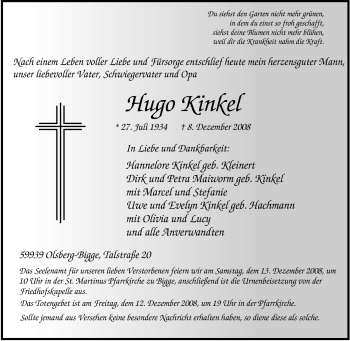 Traueranzeige von Hugo Kinkel von Tageszeitung