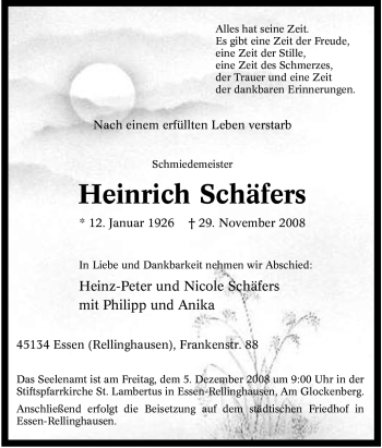 Traueranzeige von Heinrich Schäfers von Tageszeitung