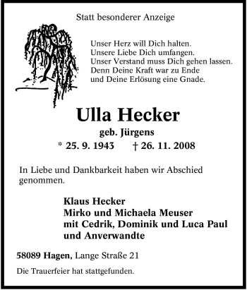 Traueranzeige von Ulla Hecker von Tageszeitung