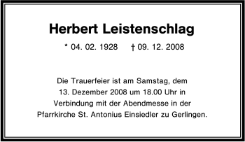Traueranzeige von Herbert Leistenschlag von Tageszeitung
