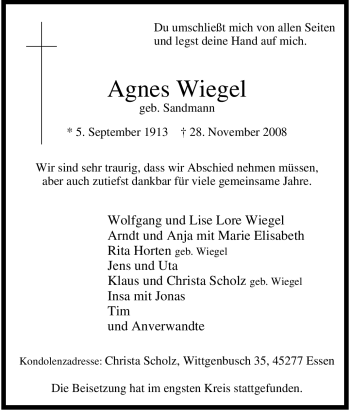 Traueranzeige von Agnes Wiegel von Tageszeitung