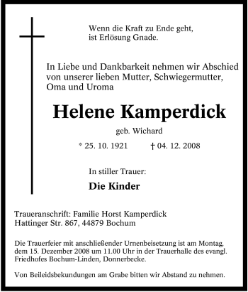 Traueranzeige von Helene Kamperdick von Tageszeitung