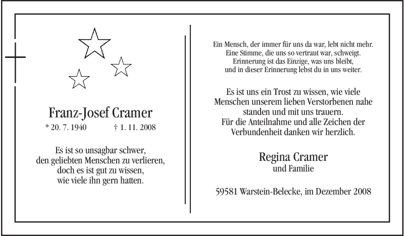  Traueranzeige für Franz-Josef Cramer vom 06.12.2008 aus Tageszeitung