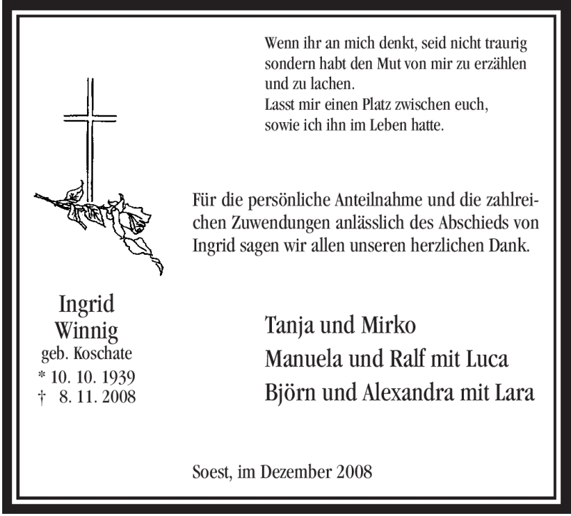  Traueranzeige für Ingrid Winnig vom 05.12.2008 aus Tageszeitung
