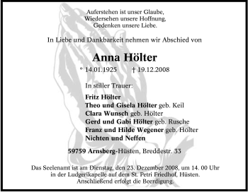 Traueranzeige von Anna Hölter von Tageszeitung