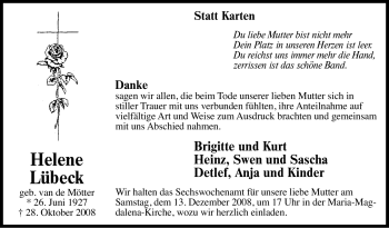 Traueranzeige von Helene Lübeck von Tageszeitung