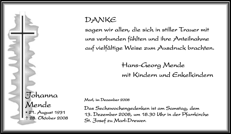 Traueranzeige für Johanna Mende vom 06.12.2008 aus Tageszeitung