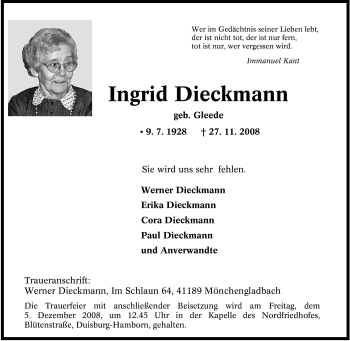Traueranzeige von Ingrid Dieckmann von Tageszeitung