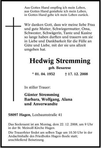 Traueranzeige von Hedwig Stremming von Tageszeitung