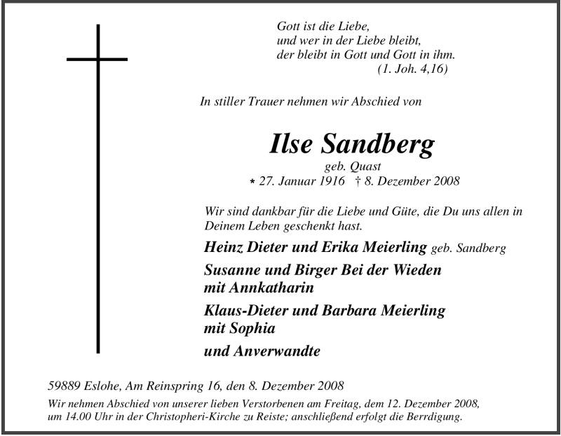  Traueranzeige für Ilse Sandberg vom 09.12.2008 aus Tageszeitung