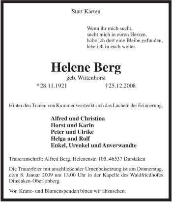 Traueranzeige von Helene Berg von Tageszeitung